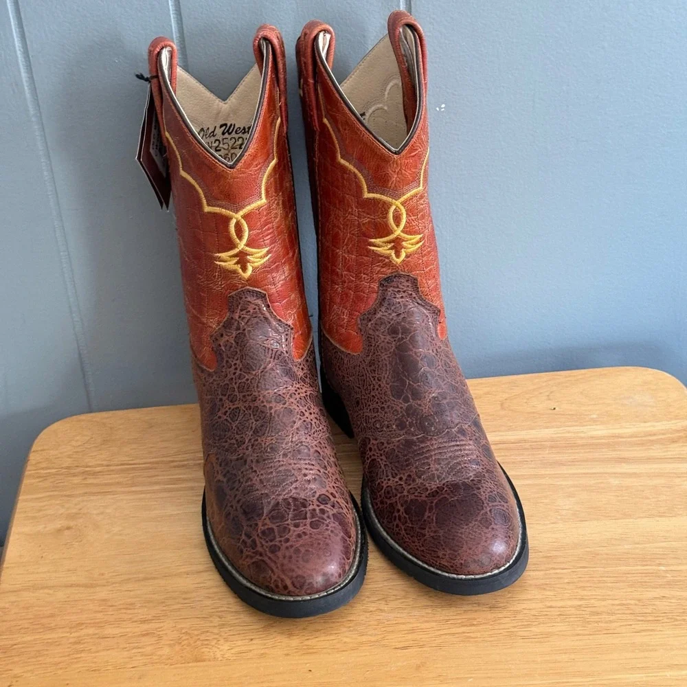 NWT Old West CW2522Y Brown Orange Leather Youth Cowboy Boots Sz 6‎ Fits Wmns 8